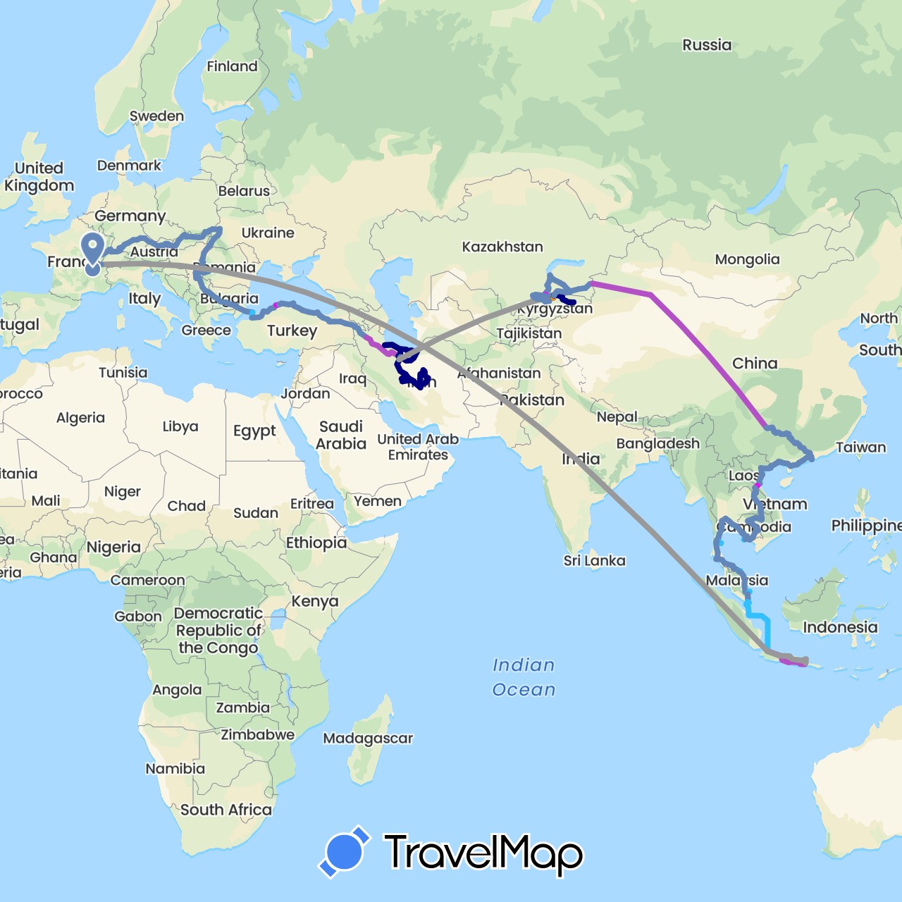 TravelMap itinerary: driving, bus, plane, cycling, train, boat, hitchhiking, camion stop, cheval in Austria, Bulgaria, Switzerland, China, Germany, France, Hungary, Indonesia, Iran, Kyrgyzstan, Cambodia, Kazakhstan, Laos, Macau, Malaysia, Poland, Romania, Serbia, Singapore, Slovakia, Thailand, Turkey, Ukraine, Vietnam (Asia, Europe)